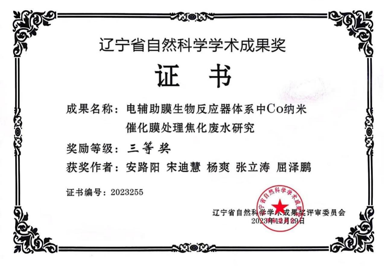 中钢热能院“电辅助膜生物反应器体系中Co纳米催化膜处理焦化废水研究”技术荣获 辽宁省自然科学学术成果奖